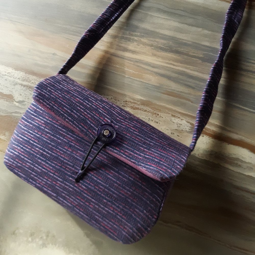 Tapestry fabric mini Purse shoulder bag Purple Pink striated 7x5x2"